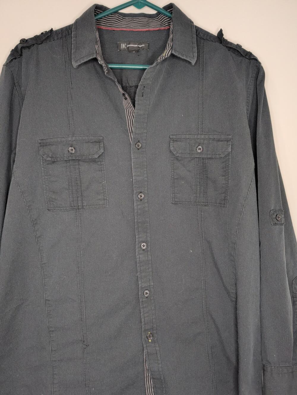 INC International Concepts Mens Small Black Utility Button Up Shirt Flap Pocket
